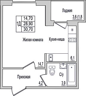 1-к. квартира, 30.7 м², 1/10 эт.